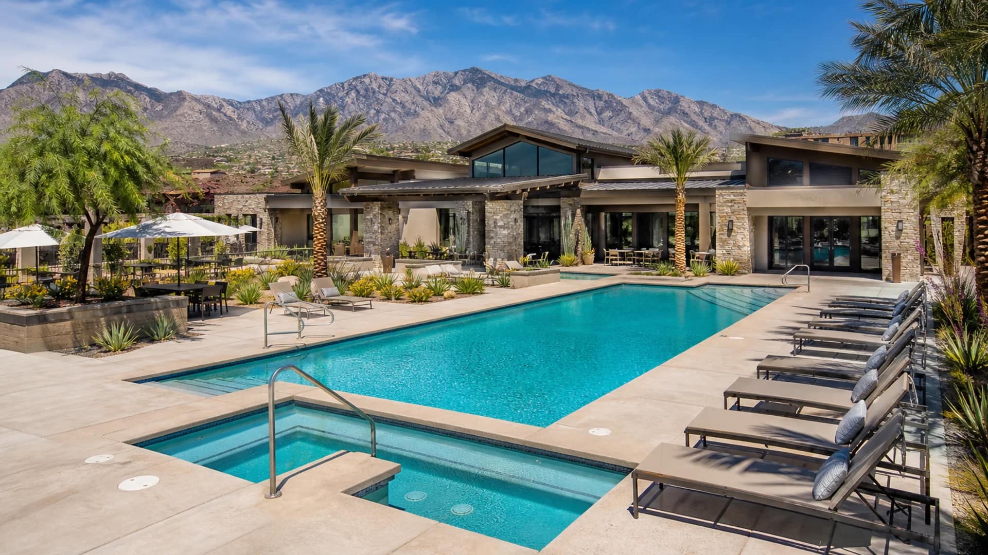 Community pool and clubhouse amenities near Mesa at Skyeview in Skye Canyon