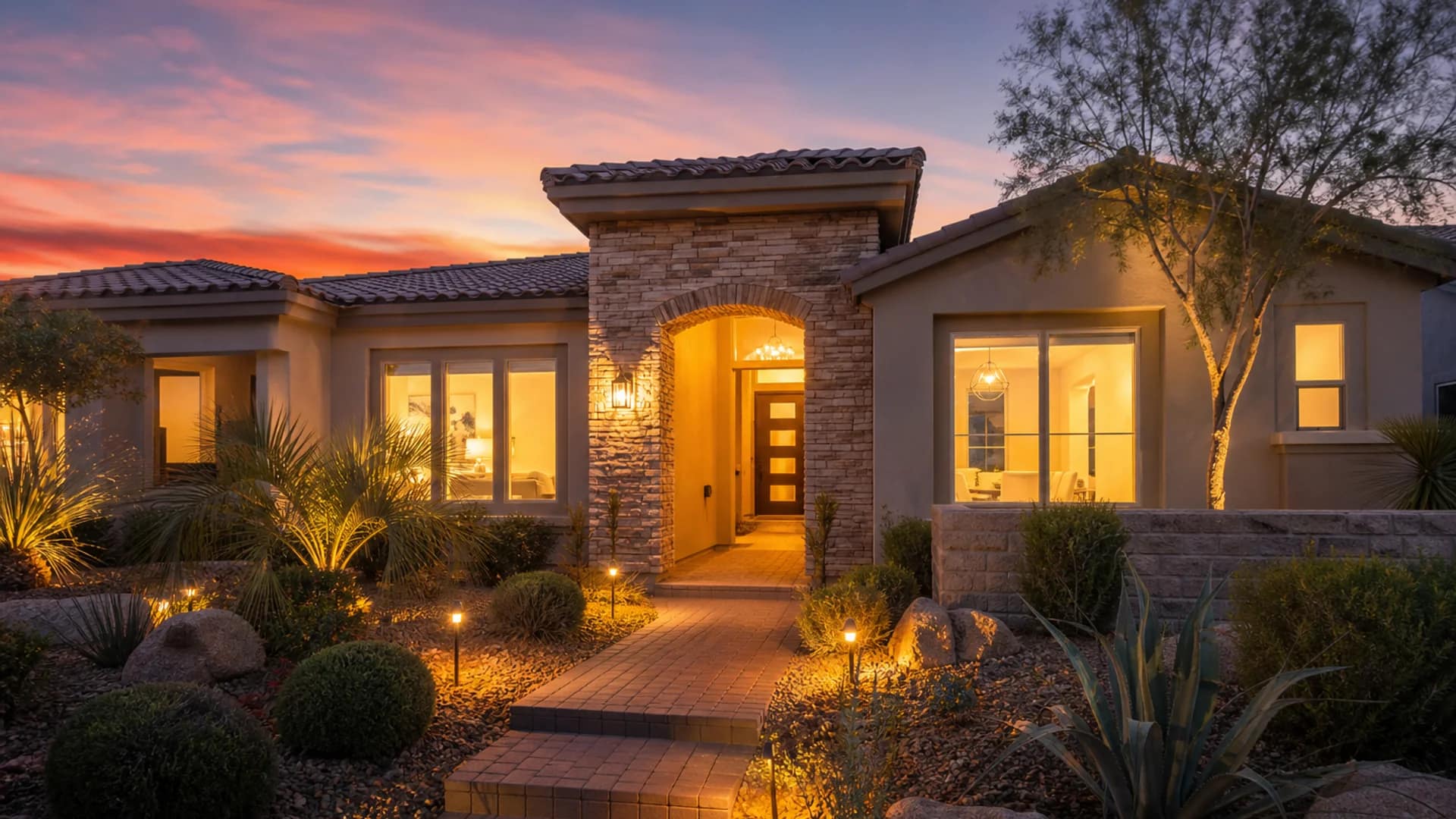 Welcoming modern home exterior at dusk — buyer representation in 89166
