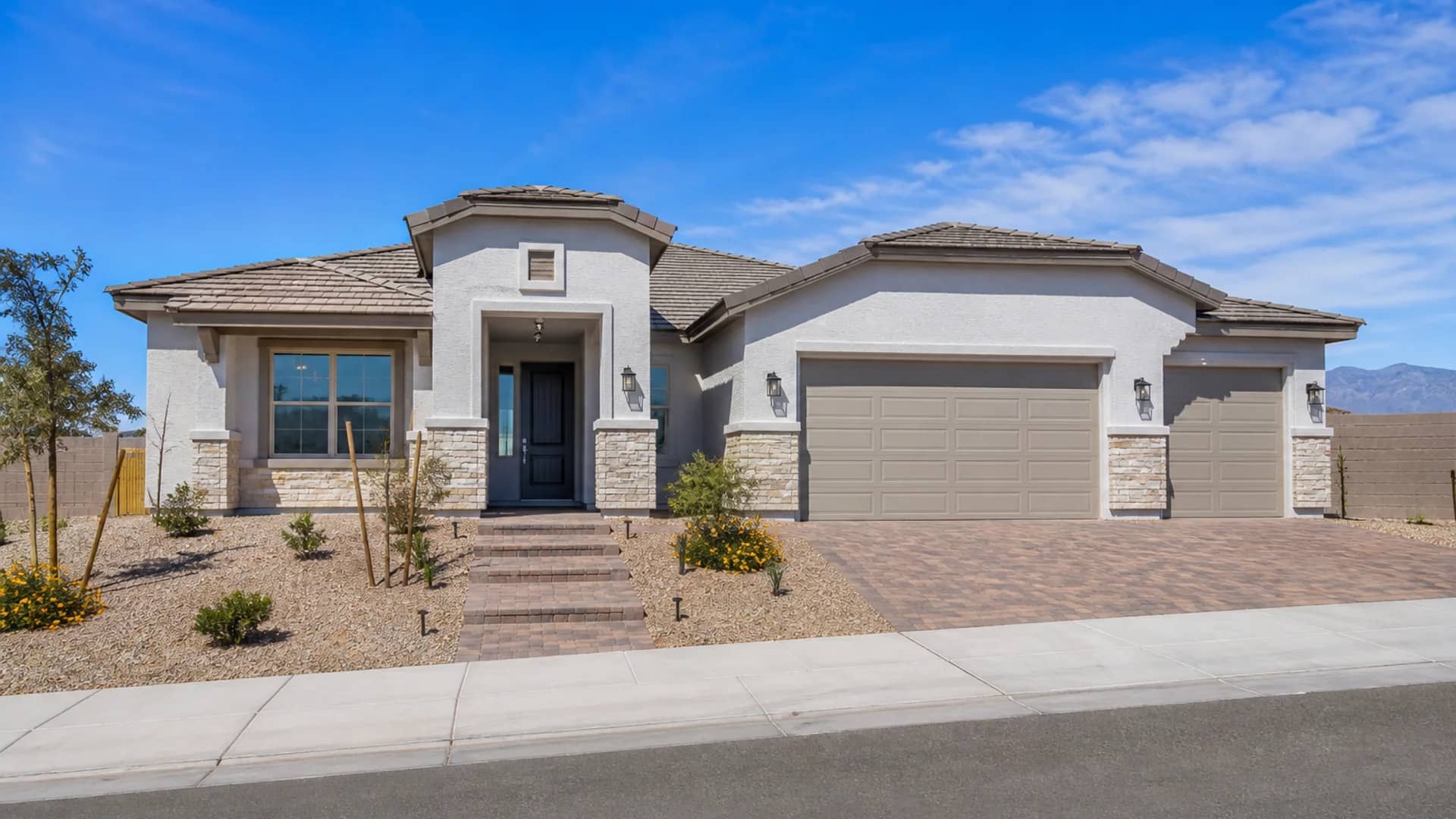 Brand-new single-family home exterior in Skye Canyon 89166 — new construction